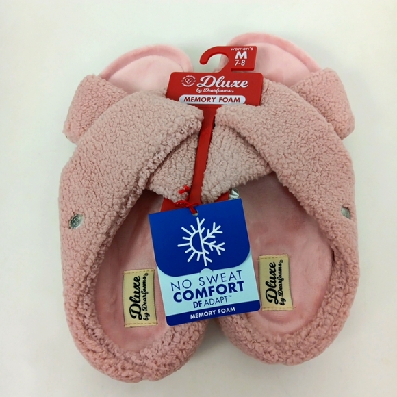 Dearfoams Dluxe Slippers Women's M 7/8 Pink Memory Foam Open Toe Slide NWT - Picture 1 of 10